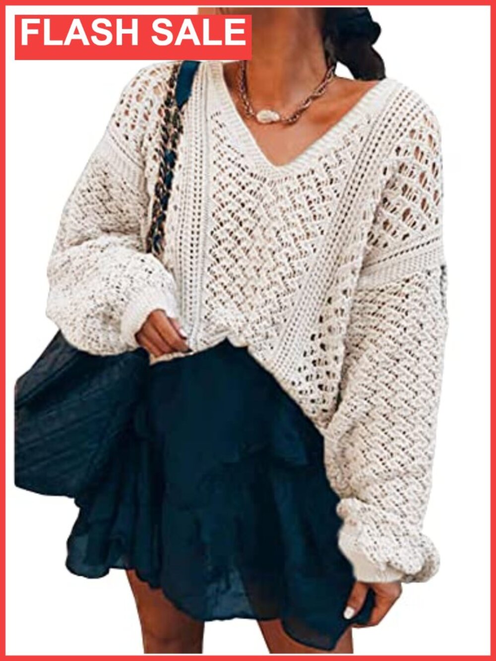 Women's Crochet Sweater Off Shoulder V Neck Batwing Sleeve Pullover Loose